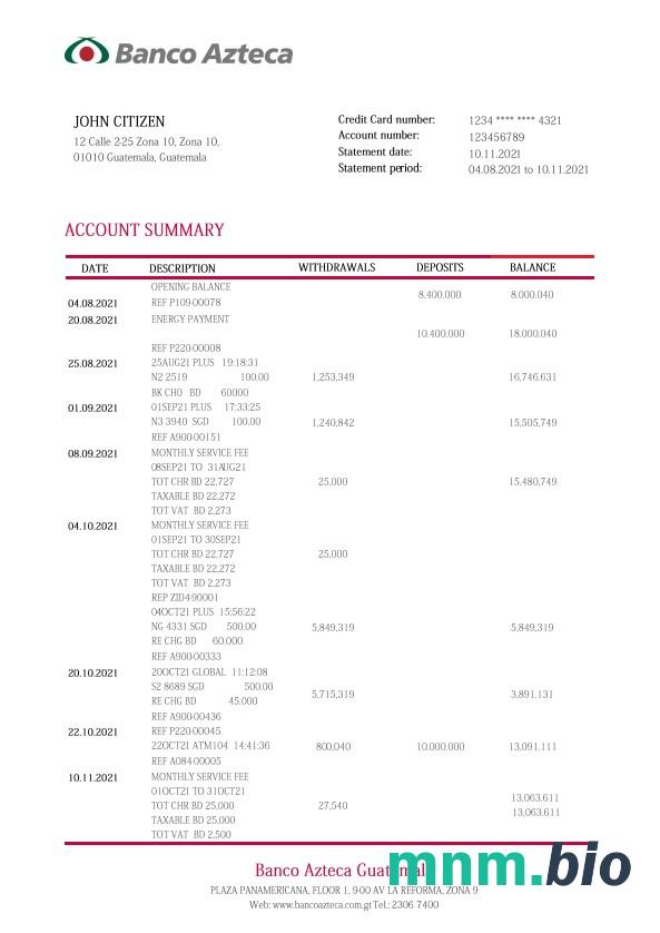 Szablon wyciągu bankowego Guatemala Agromercantil, format Word i PDF